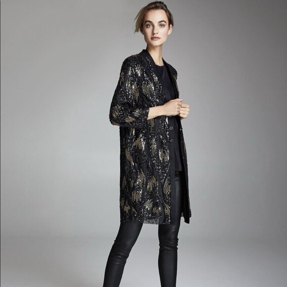 Misook Sequin Mesh Duster Jacket Black Gold Size PXL - Picture 9 of 12